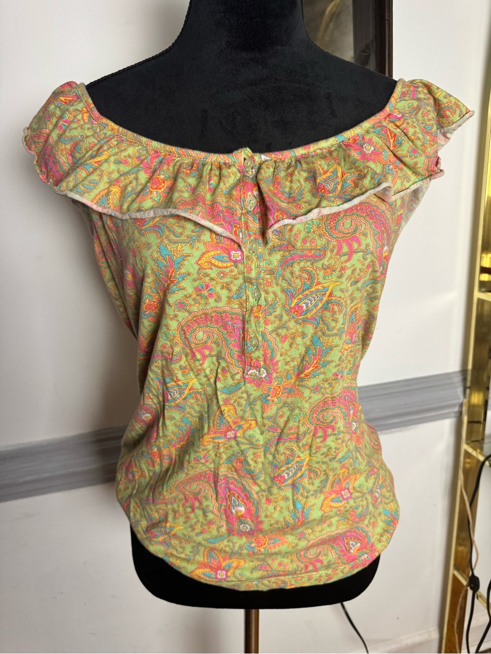 Lauren Ralph Lauren Paisley Ruffle Off-Shoulder Tank - Yellow Pink Green